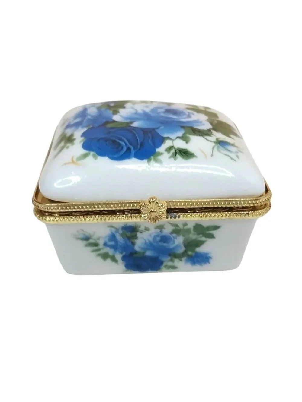 Porcelain Trinket Pill Box Blue Roses Floral Gold Trim Hinged Lid Square 2.25